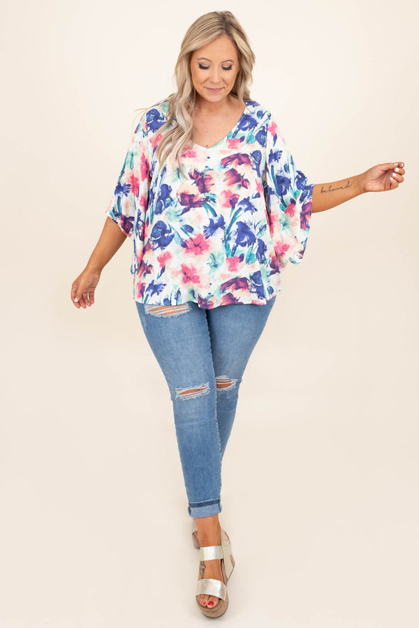 Chic Soul plus size clothing, ivory blue purple floral pattern 3/4 length bubble sleeve casual top