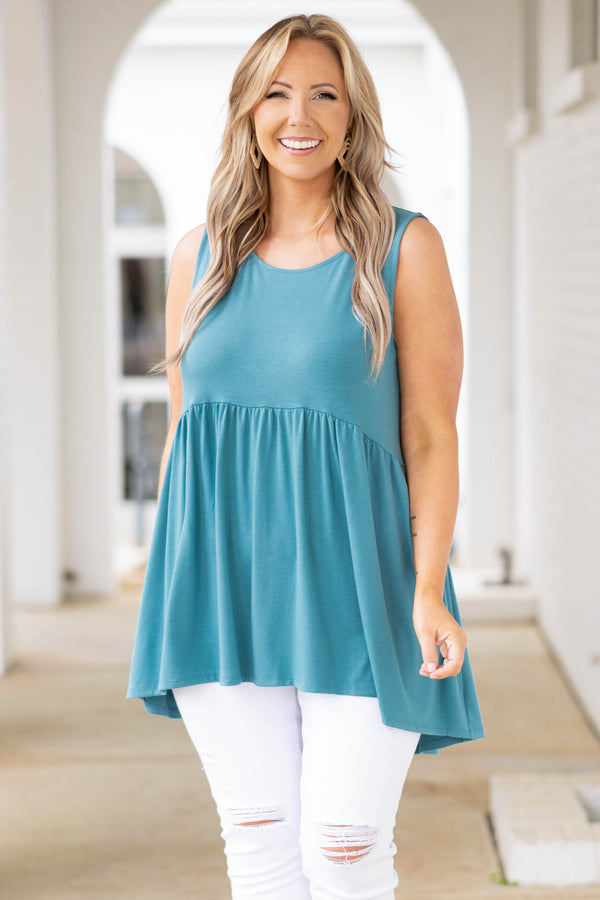 Chic Soul plus size clothing, dusty teal babydoll style flowy tank
