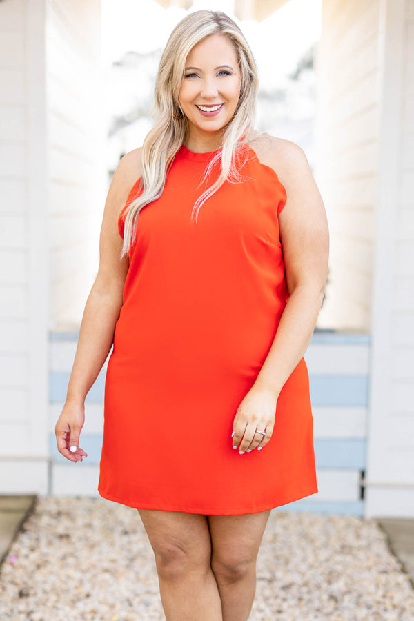 Chic Soul plus size clothing, tomato red halter neck sleeveless scallop hem dress