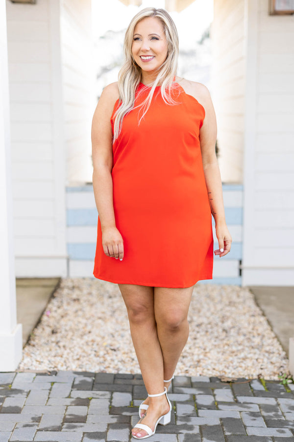 Chic Soul plus size clothing, tomato red halter neck sleeveless scallop hem dress