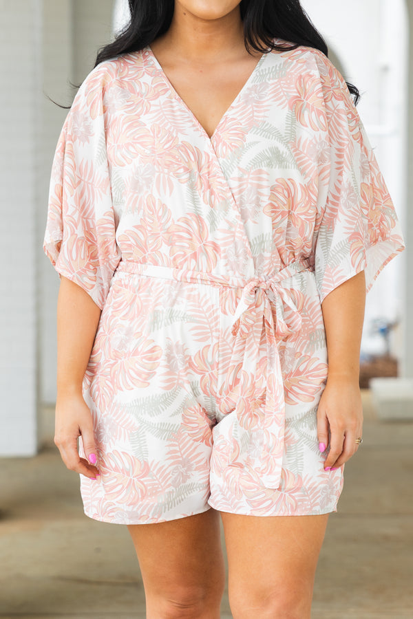Chic Soul plus size clothing, peach and grey leaf pattern romper with criss cross neckline