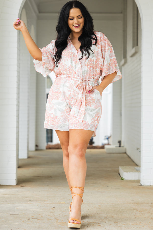 Chic Soul plus size clothing, peach and grey leaf pattern romper with criss cross neckline
