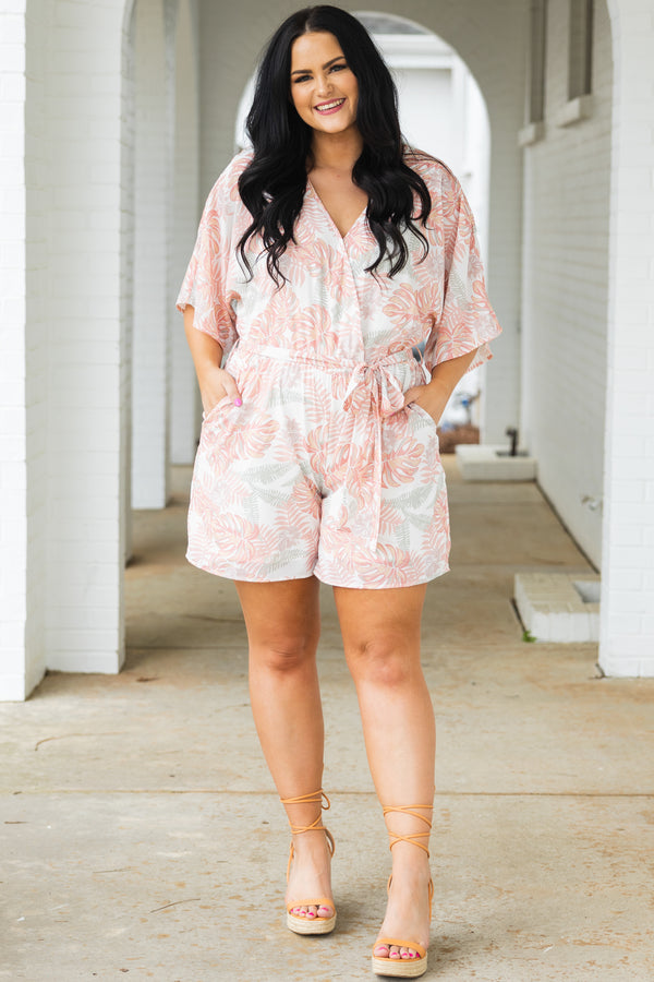 Chic Soul plus size clothing, peach and grey leaf pattern romper with criss cross neckline