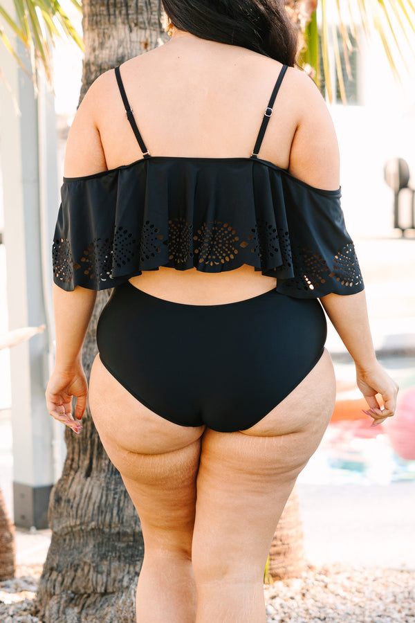 Chic Soul plus size clothing, black off the shoulder one piece swimsuit with lace detailed ruffle