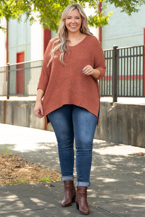 Chic Soul plus size clothing, cinnamon red orange colored sweater top'