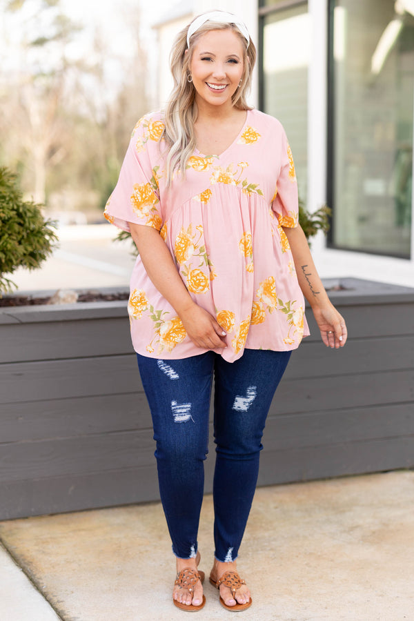 Chic Soul plus size clothing, dusty pink v neck short sleeve babydoll top with yellow floral pattern