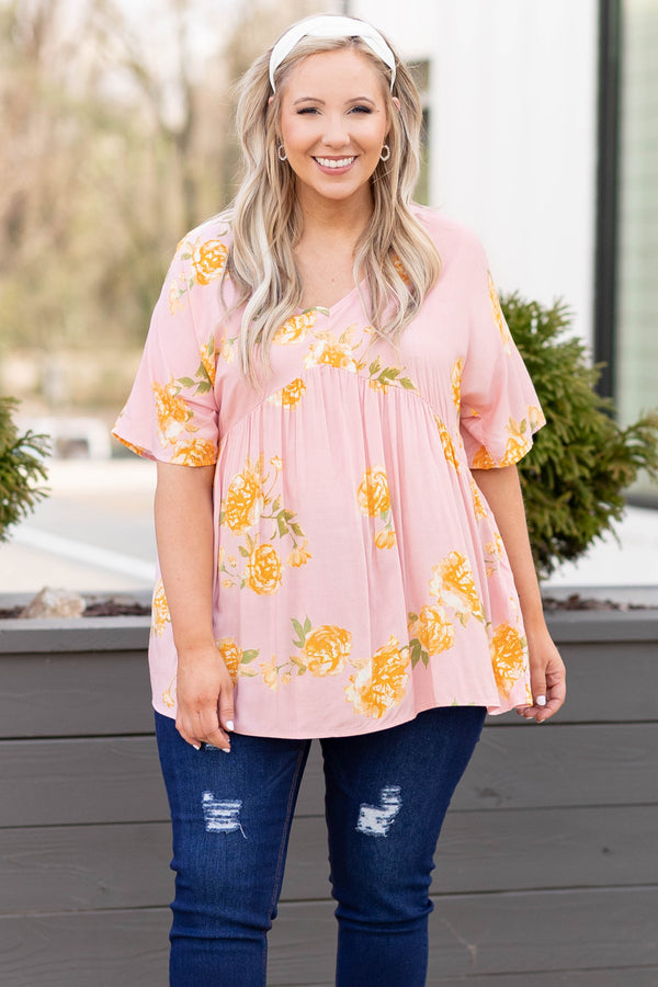 Chic Soul plus size clothing, dusty pink v neck short sleeve babydoll top with yellow floral pattern
