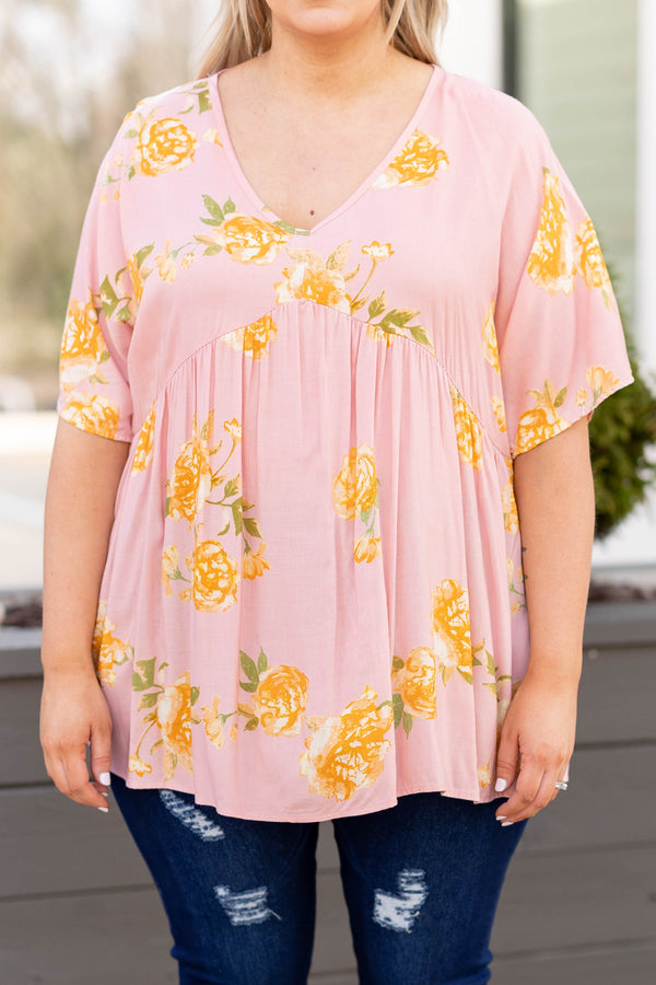 Chic Soul plus size clothing, dusty pink v neck short sleeve babydoll top with yellow floral pattern
