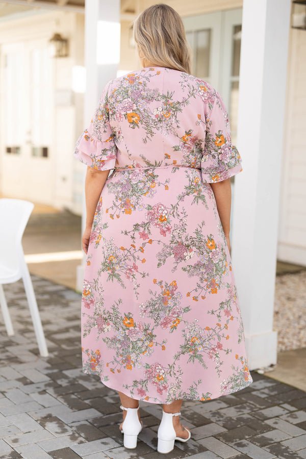 Chic Soul plus size clothing, peachy pink wrap dress with short flutter sleeves and front slit