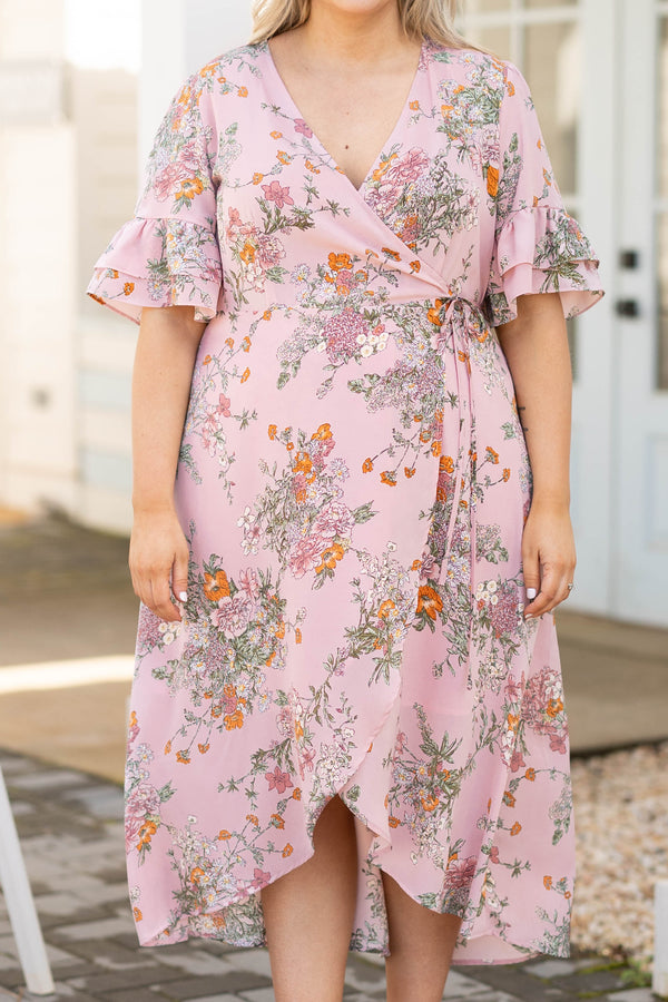 Chic Soul plus size clothing, peachy pink wrap dress with short flutter sleeves and front slit