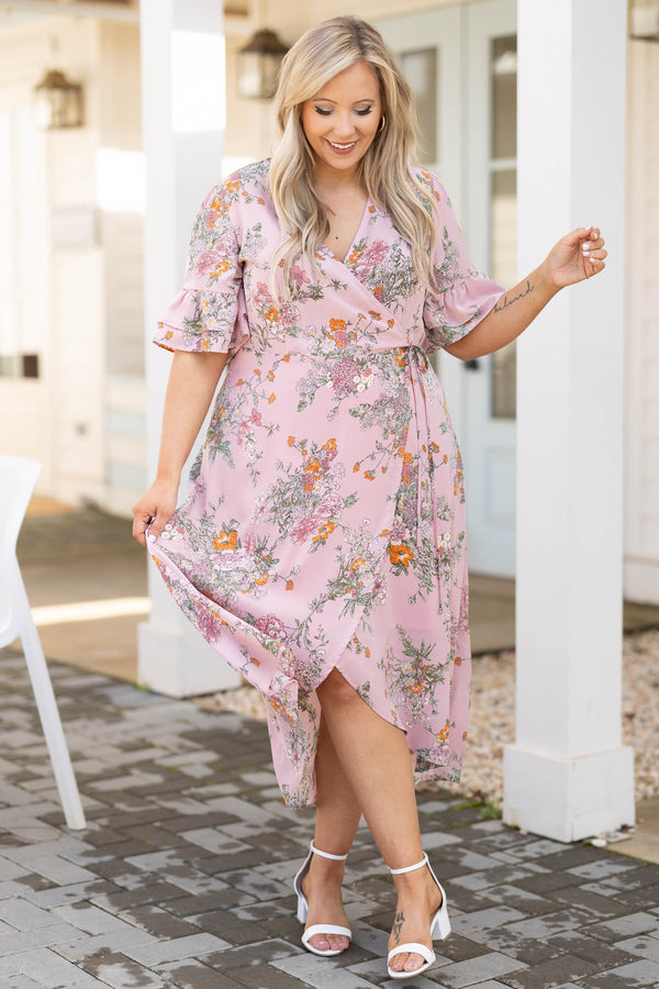 Chic Soul plus size clothing, peachy pink wrap dress with short flutter sleeves and front slit