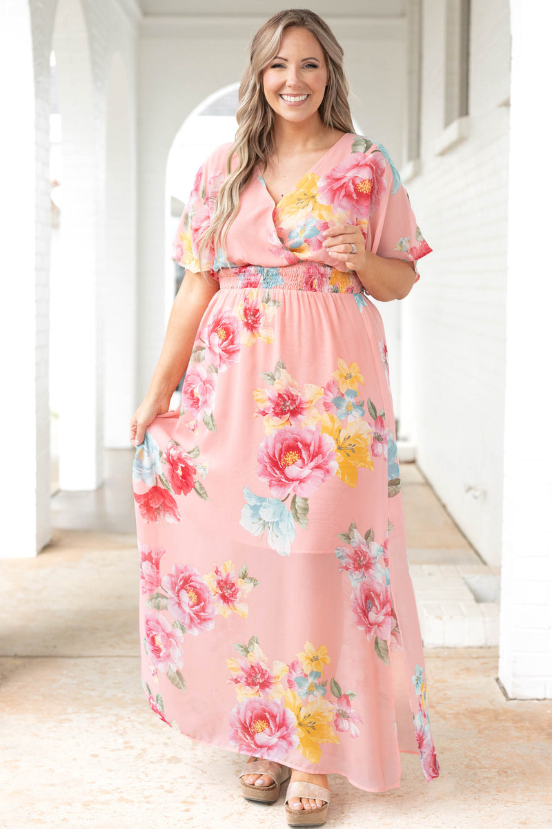 coral pink dress plus size Primavera Couture 14080 Size 24 Coral Fitted Sequin Plus Size Prom Dress V Neck Formal Gown Strapless
