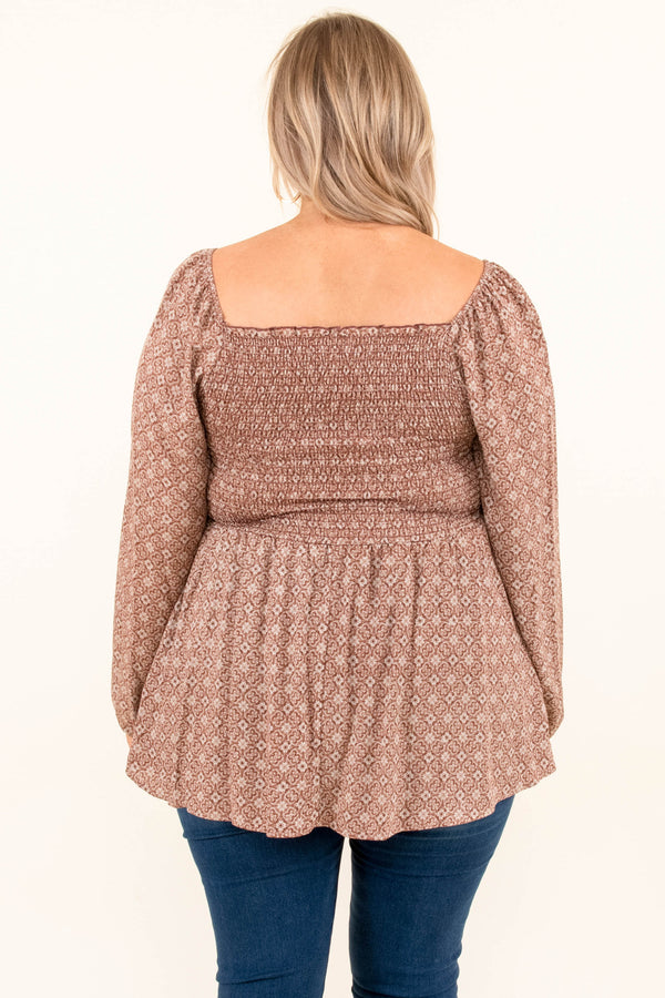 Chic Soul plus size clothing, rust long bubble sleeve babydoll top with geometric pattern