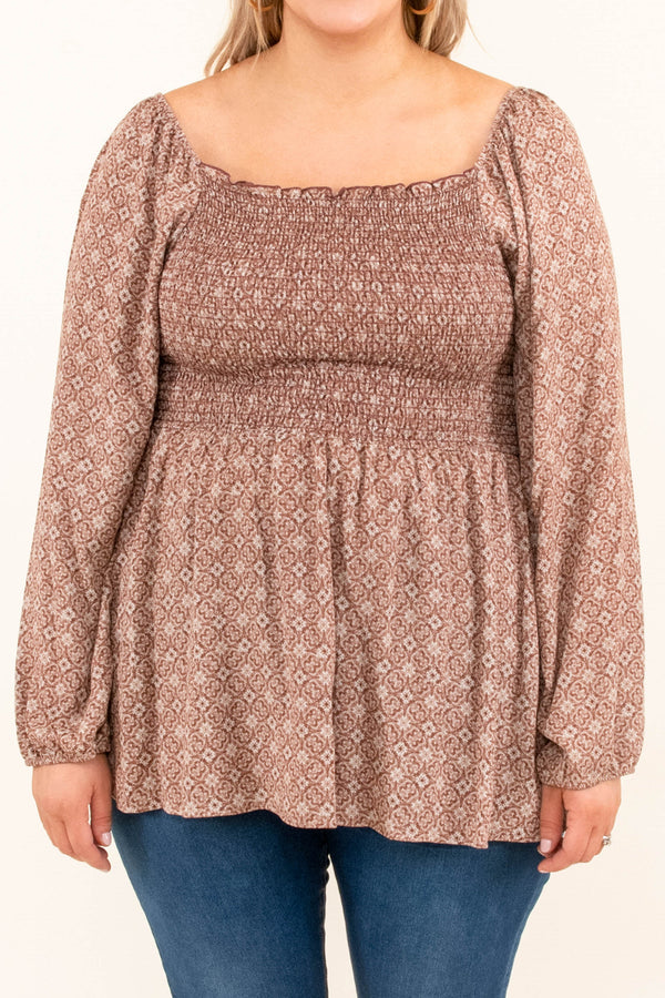 Chic Soul plus size clothing, rust long bubble sleeve babydoll top with geometric pattern
