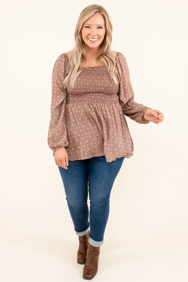 Chic Soul plus size clothing, rust long bubble sleeve babydoll top with geometric pattern