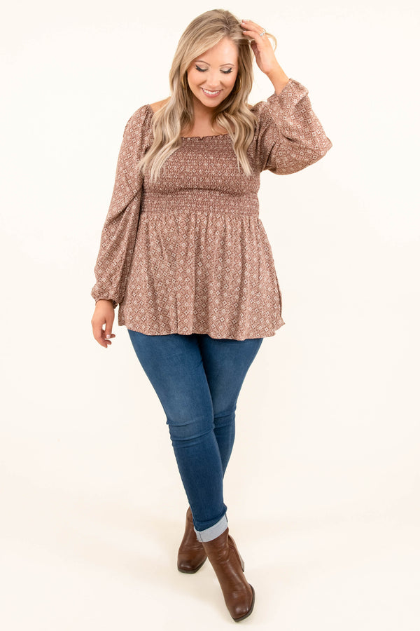 Chic Soul plus size clothing, rust long bubble sleeve babydoll top with geometric pattern
