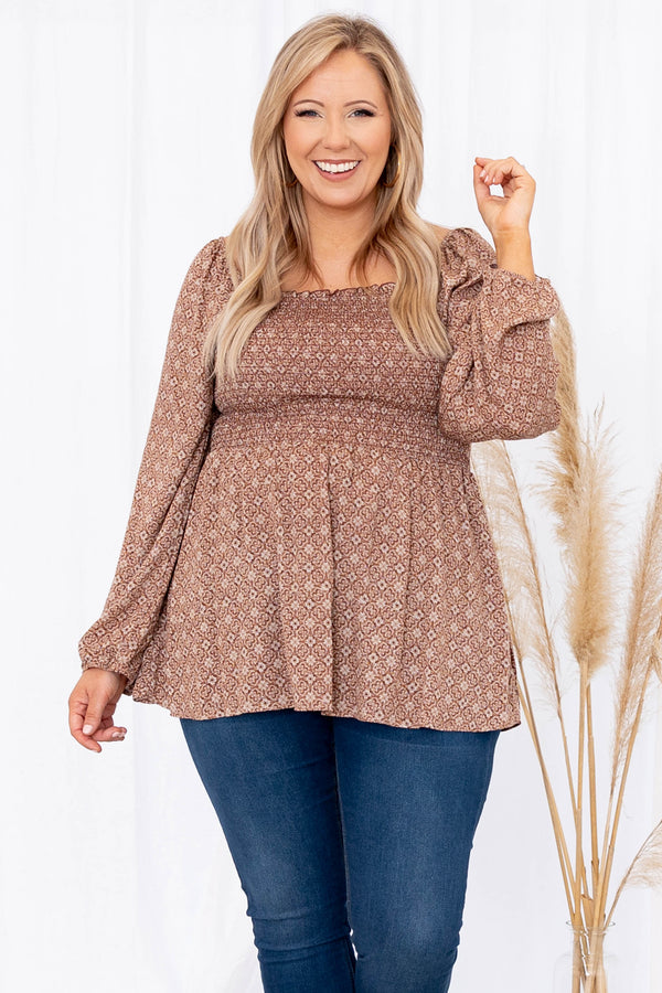 Chic Soul plus size clothing, rust long bubble sleeve babydoll top with geometric pattern
