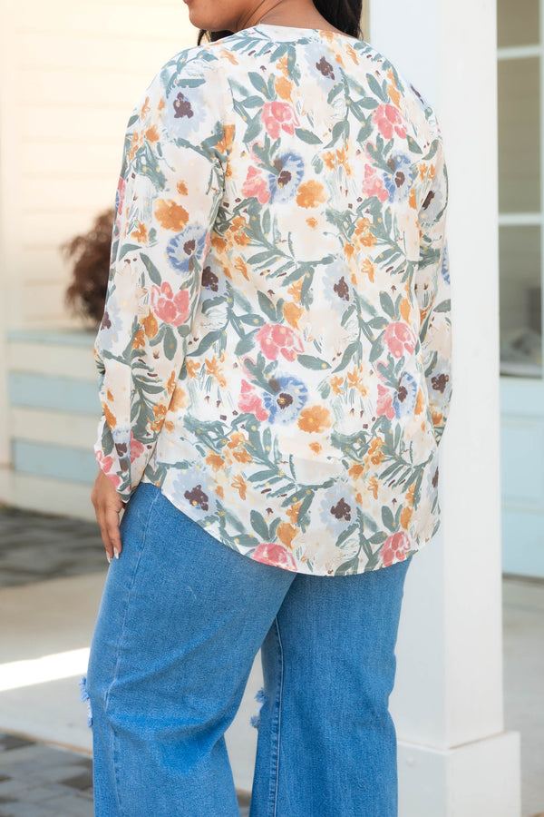 Chic Soul plus size clothing, multicolor floral pattern blouse with bubble sleeves