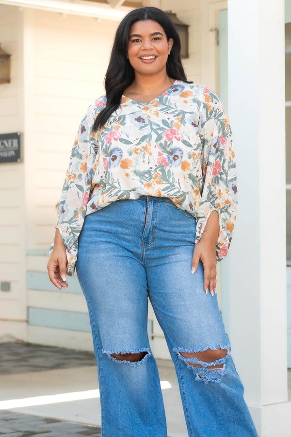 Chic Soul plus size clothing, multicolor floral pattern blouse with bubble sleeves