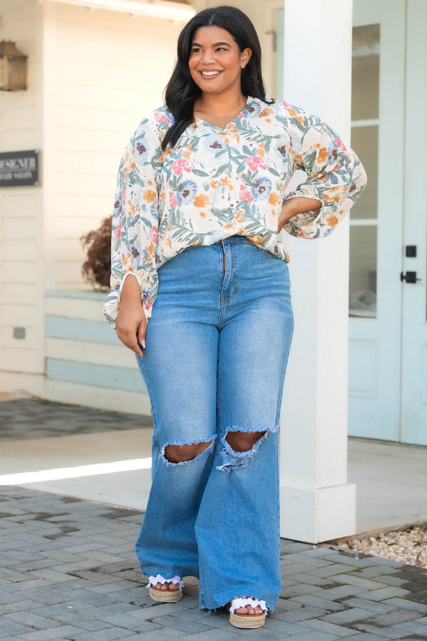 Chic Soul plus size clothing, multicolor floral pattern blouse with bubble sleeves