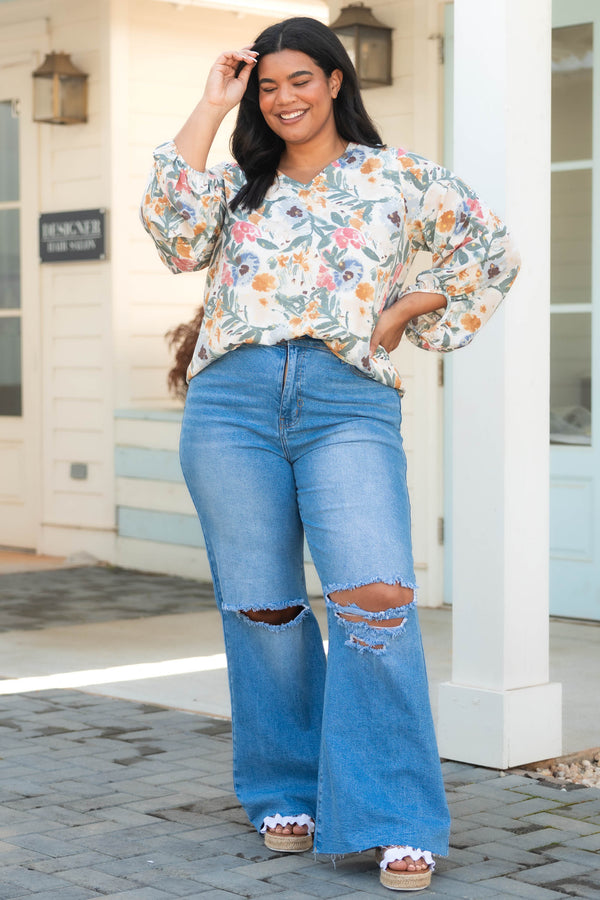 Chic Soul plus size clothing, multicolor floral pattern blouse with bubble sleeves