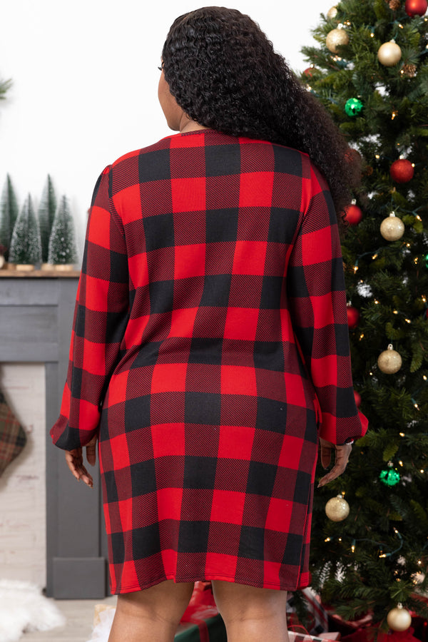Chic Soul plus size clothing, red and black plaid long sleeve casual dress with pockets