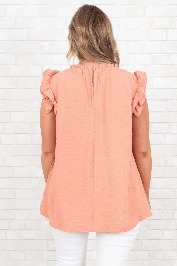 Chic Soul plus size clothing, burnt coral swiss dotted top with ruffle sleeves and neckline