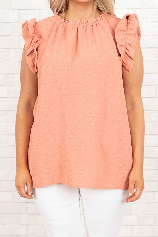 Chic Soul plus size clothing, burnt coral swiss dotted top with ruffle sleeves and neckline