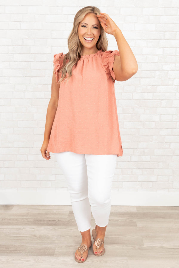 Chic Soul plus size clothing, burnt coral swiss dotted top with ruffle sleeves and neckline