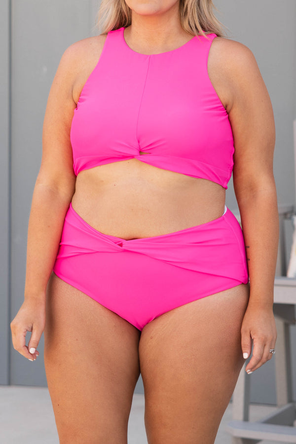 Chic Soul plus size clothing, pink solid tie knot tank halter sleeve swim top