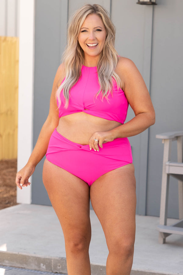 Chic Soul plus size clothing, pink solid tie knot tank halter sleeve swim top
