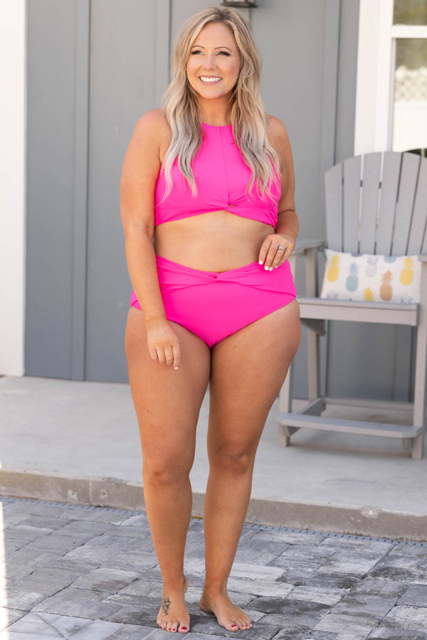 Chic Soul plus size clothing, pink solid tie knot tank halter sleeve swim top