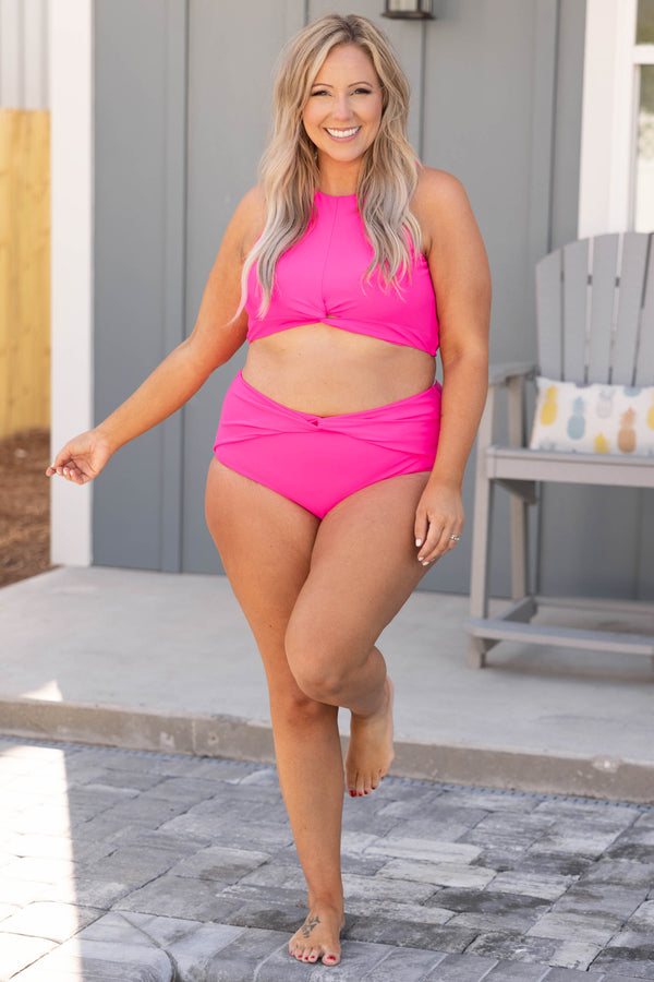 Chic Soul plus size clothing, pink solid tie knot tank halter sleeve swim top