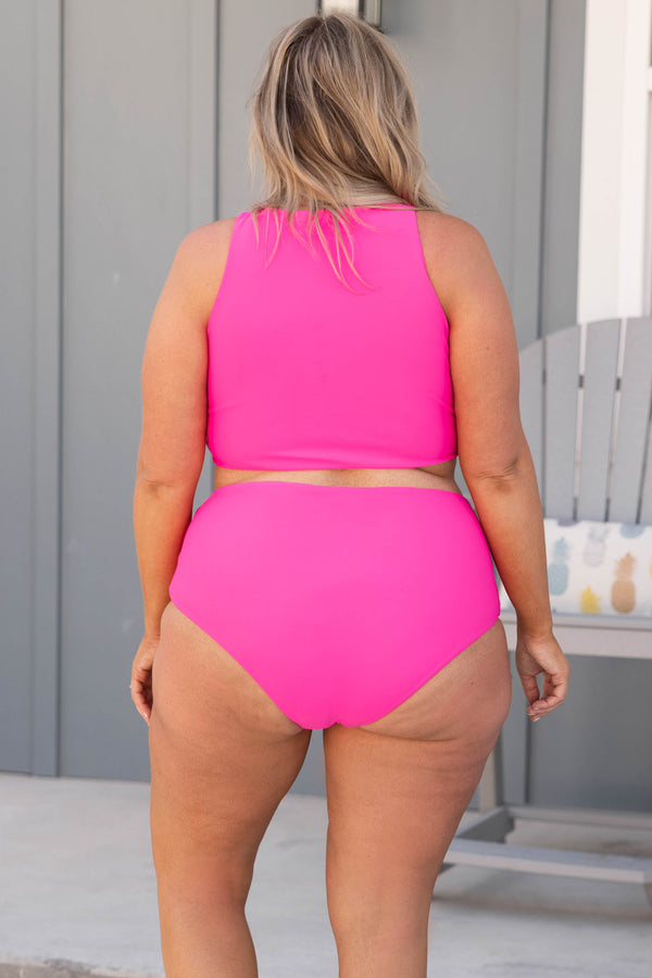 Chic Soul plus size clothing, pink solid tie knot tank halter sleeve swim top