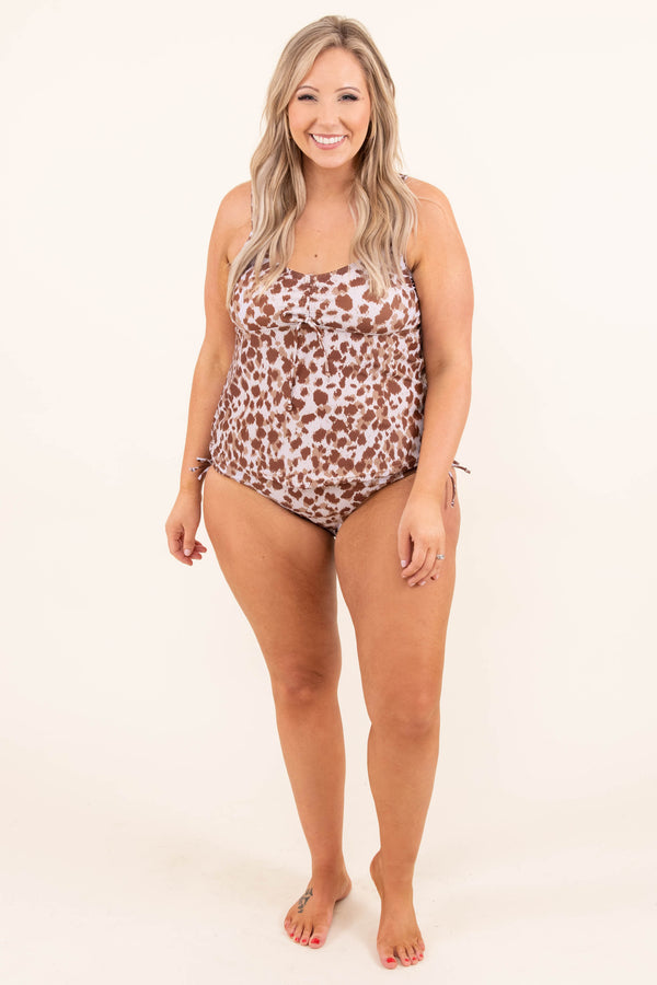 Chic Soul plus size clothing, white brown and beige leopard print swim bottoms with side ties