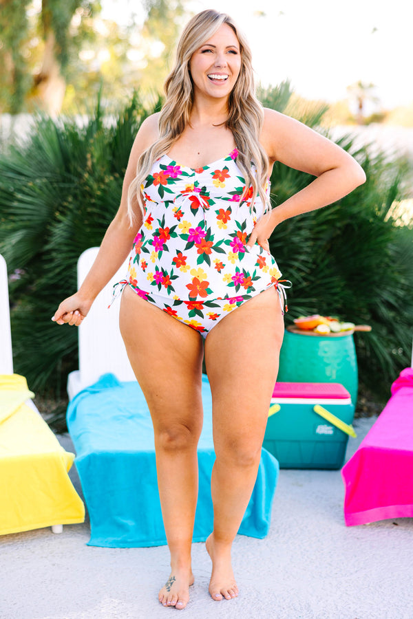Chic Soul plus size clothing, white floral tankini with cinch at the top