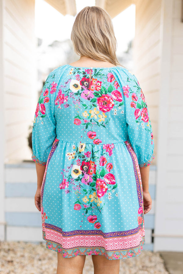 Chic Soul plus size clothing, mint mulit color floral pattern mix scoop neck 3/4 length sleeve babydoll dress