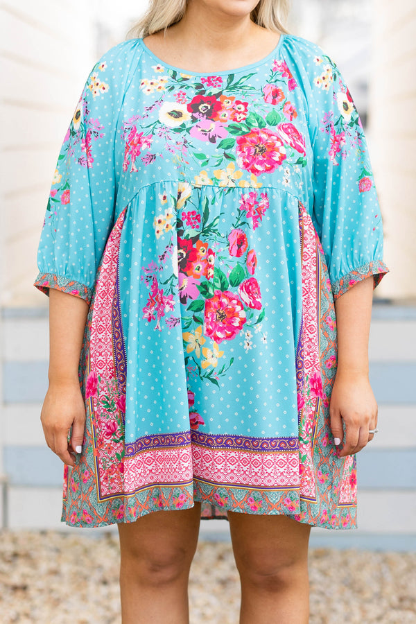 Chic Soul plus size clothing, mint mulit color floral pattern mix scoop neck 3/4 length sleeve babydoll dress