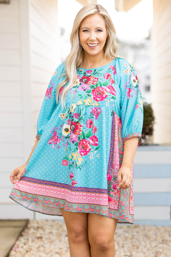 Chic Soul plus size clothing, mint mulit color floral pattern mix scoop neck 3/4 length sleeve babydoll dress
