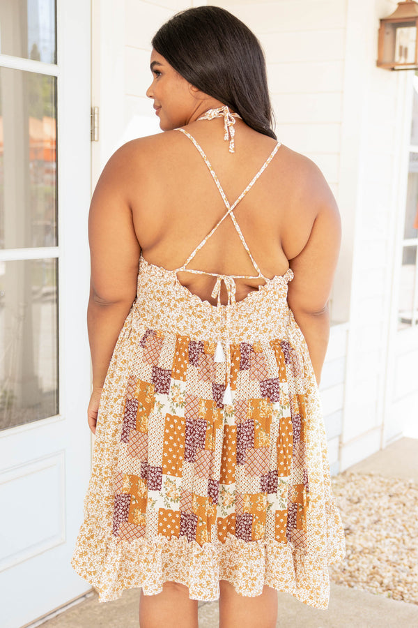Chic Soul plus size clothing, rust multi color floral color block spaghetti strap halter flowy dress 