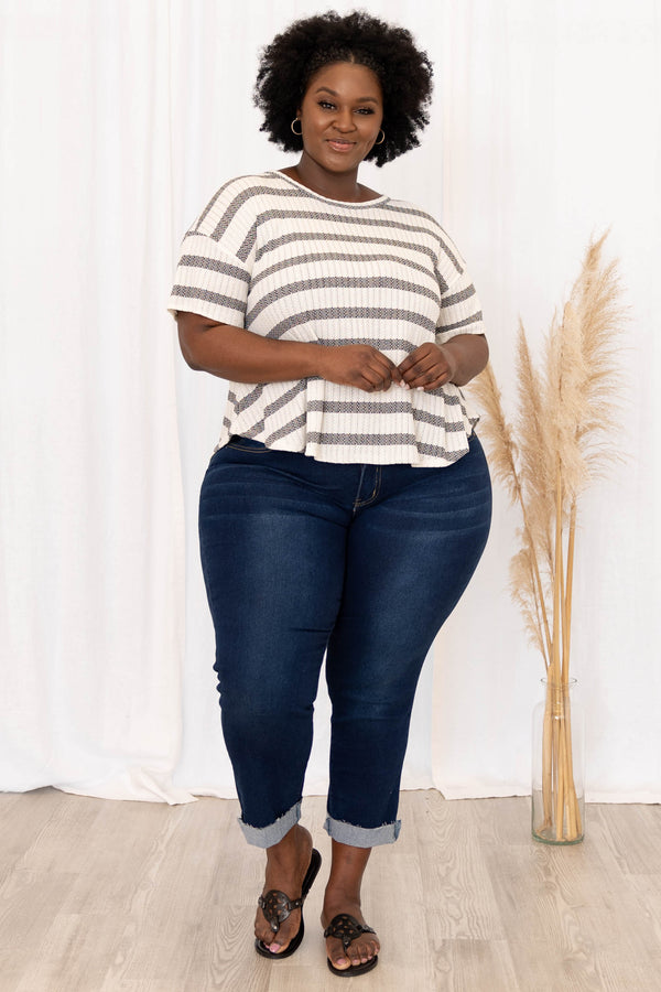 Chic Soul plus size clothing, ivory black short sleeve stripe pattern top