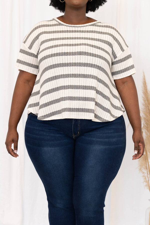Chic Soul plus size clothing, ivory black short sleeve stripe pattern top