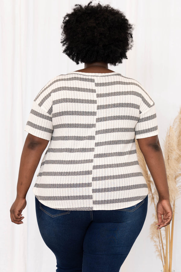 Chic Soul plus size clothing, ivory black short sleeve stripe pattern top
