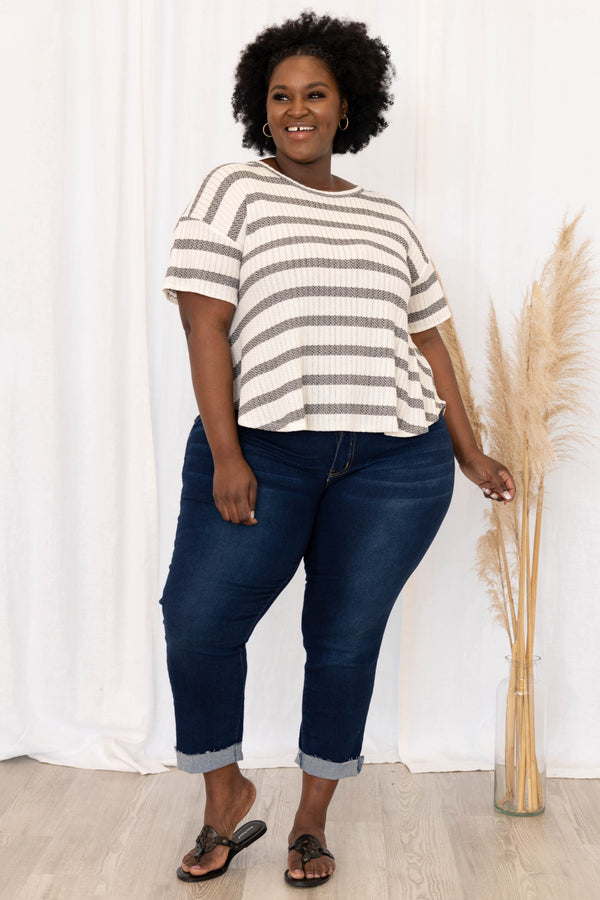 Chic Soul plus size clothing, ivory black short sleeve stripe pattern top