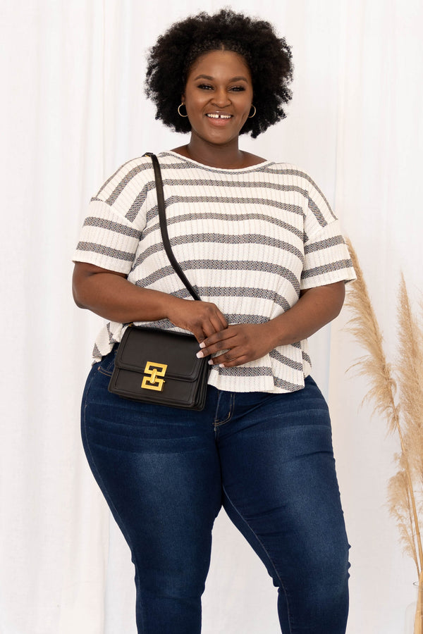 Chic Soul plus size clothing, ivory black short sleeve stripe pattern top