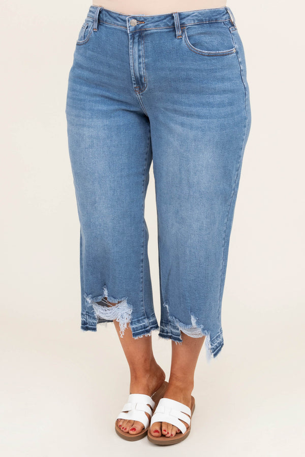 Chic Soul plus size clothing, high waisted medium wash distressed denim mom jeans