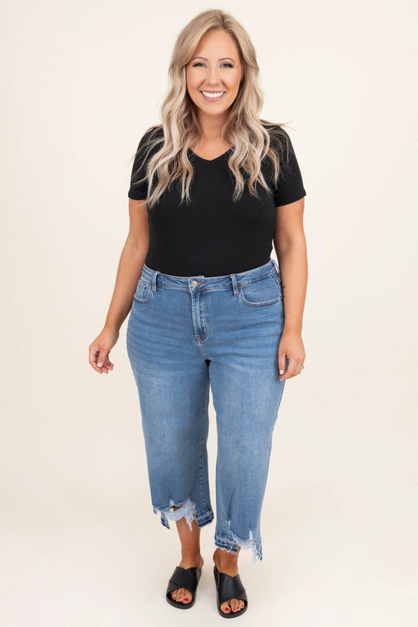 Chic Soul plus size clothing, high waisted medium wash distressed denim mom jeans