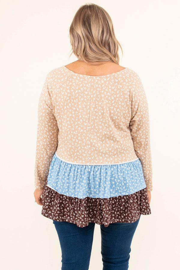 Chic Soul plus size clothing, beige blue brown long sleeve top