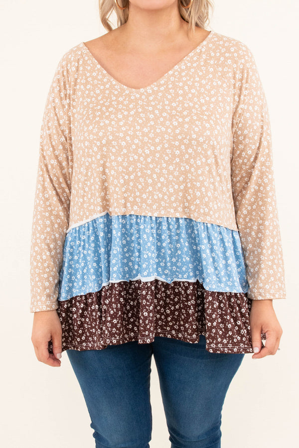 Chic Soul plus size clothing, beige blue brown long sleeve top