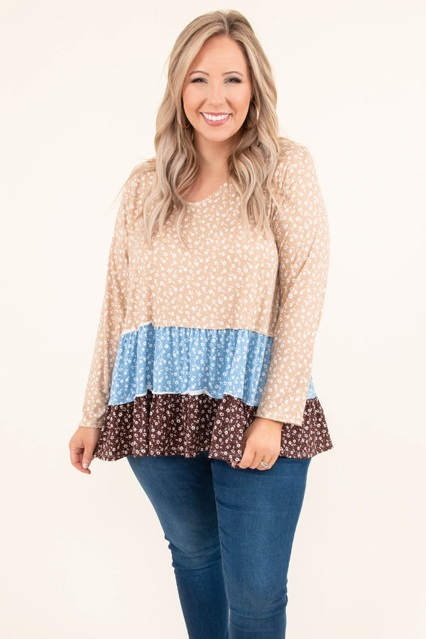 Chic Soul plus size clothing, beige blue brown long sleeve top